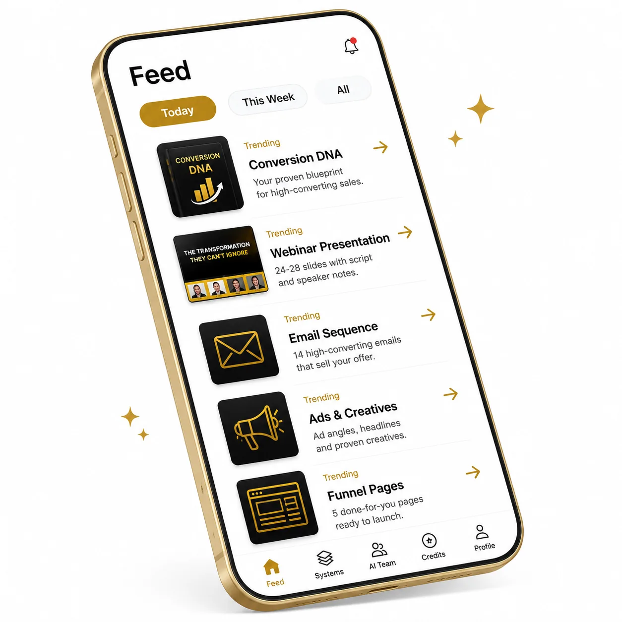 OfferConverter AI feed showing Conversion DNA, Webinar Presentation, Email Sequence, Ads and Creatives, and Funnel Pages in one scrolling view