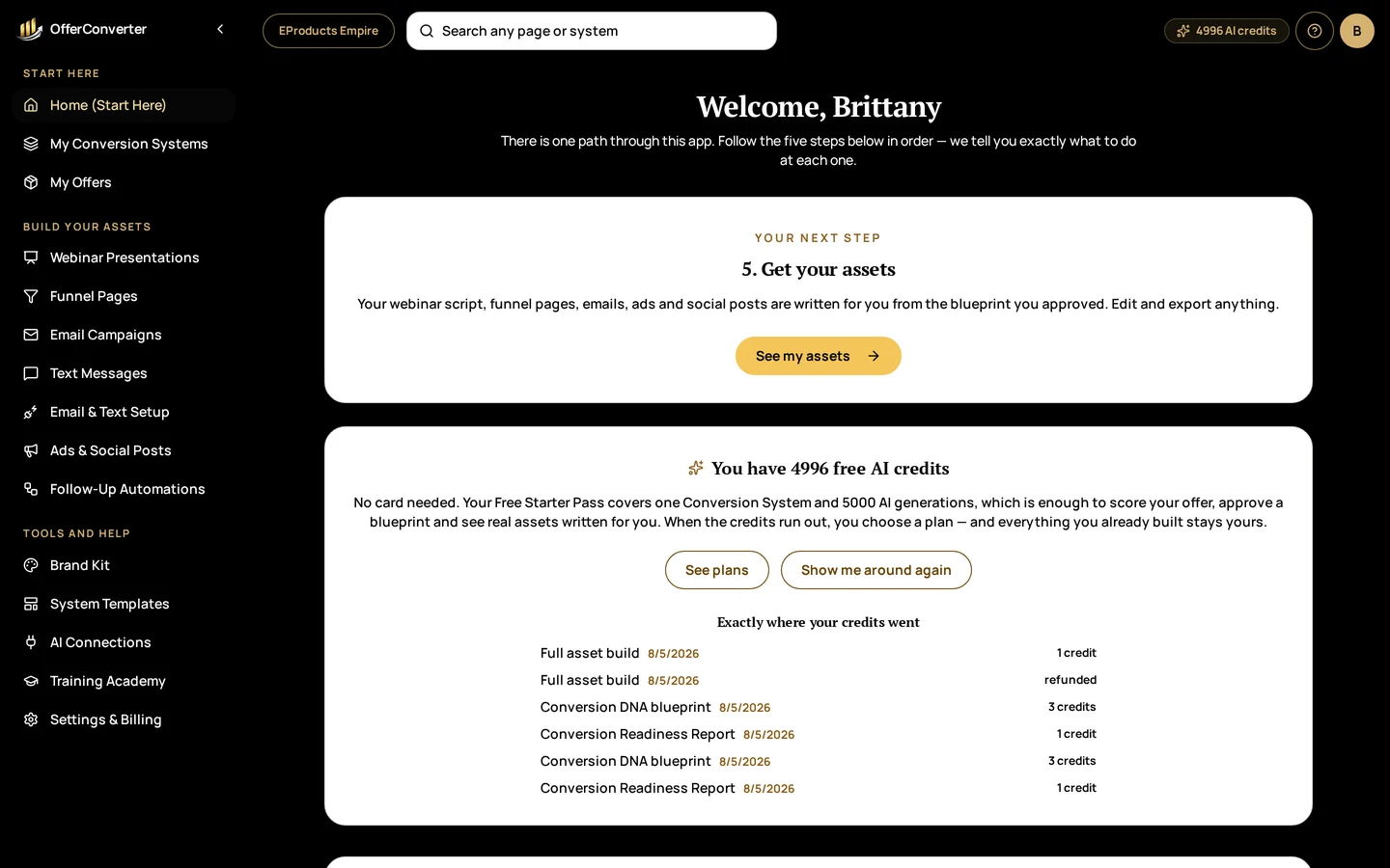 OfferConverter AI home screen showing the next step to take and the AI credit balance