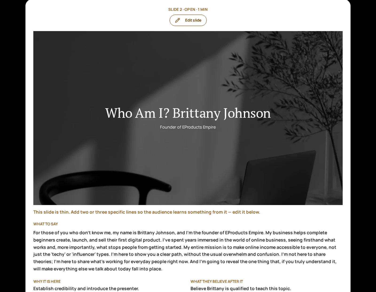 Webinar presentation screen showing a black-and-white editorial slide with its speaker notes